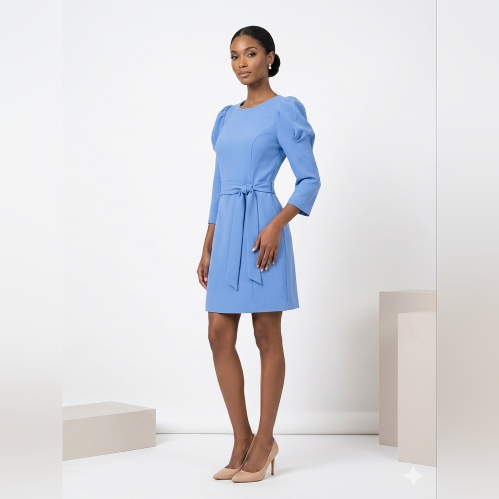 Eliza J Sky Blue Puff-Sleeve Tie-Waist Mini Dress